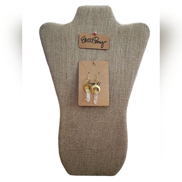 Eye Catching Moon and Star and Clear Quartz Earrings Gold Earthy Semi Precious - Picture 2 of 2